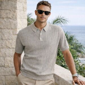 Revo Tokyo Geometric Textured Contrast Knit Polo Shirt, Sage Grey, Sz 2 (US S/M)